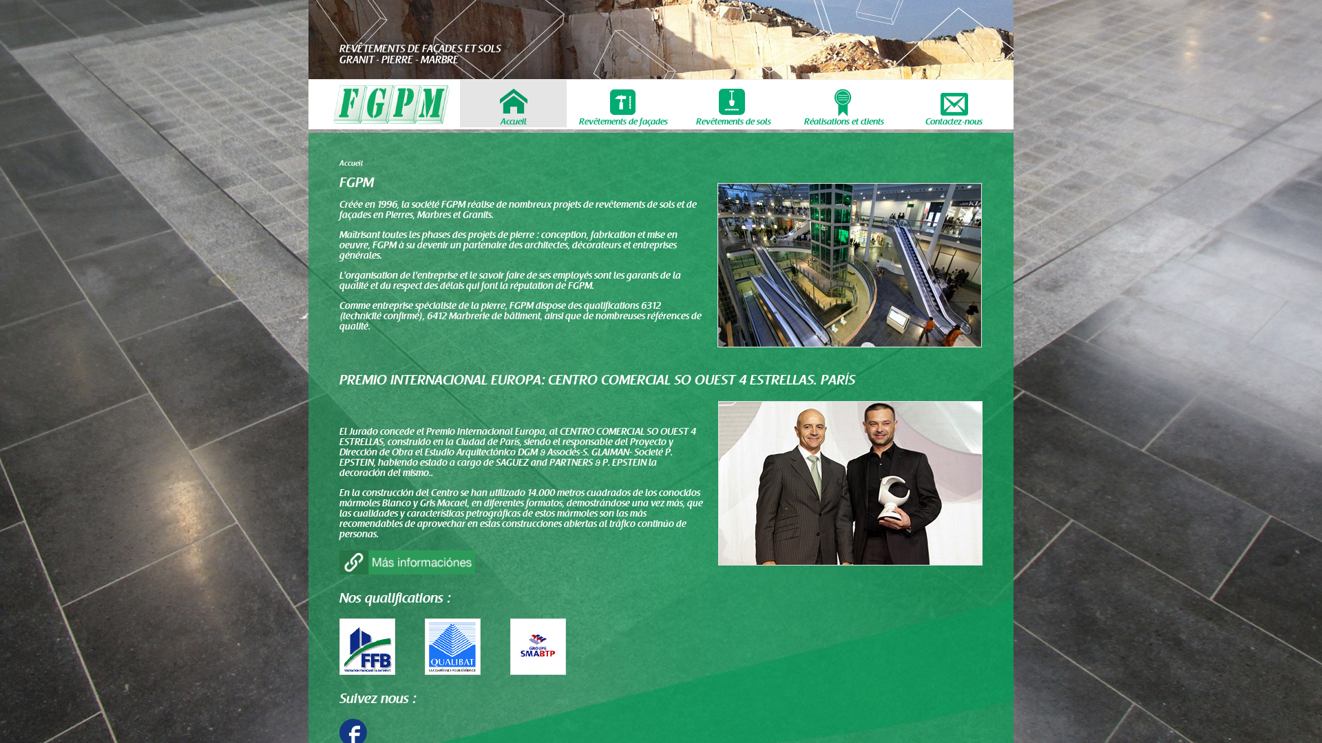 Capture d'écran de Créée en 1996, la société FGPM réalise de nombreux projets de revêtements de sols et de façades en Pierres, Marbres et Granits.