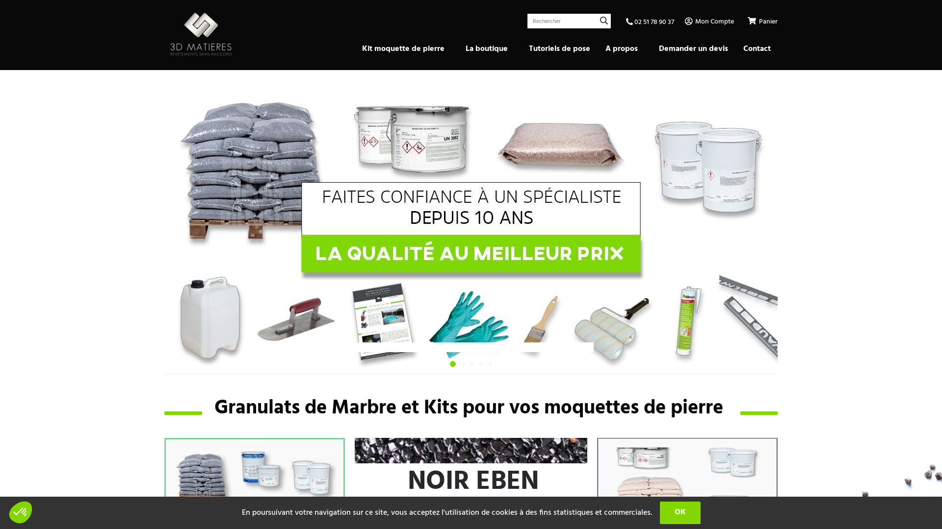 Capture d'écran de Le site E-commerce granulat de marbre propose à la vente des granulats de marbre concassé roulé et de la résine polyuréthane pour les revêtement de sol extérieur moquette de pierre