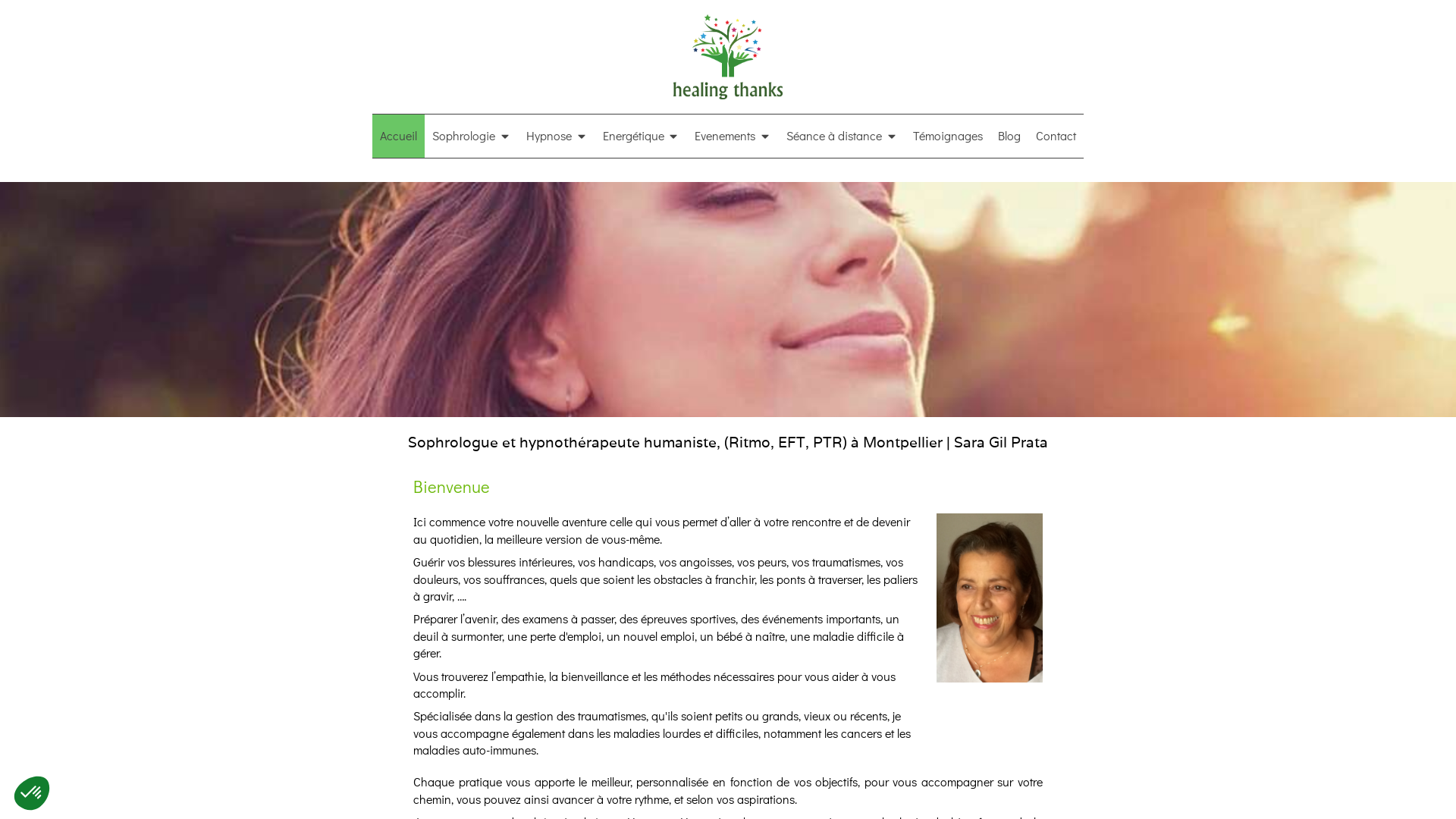 Capture d'écran de Sara Gil Prata, hypnothérapeute humaniste, sophrologue, maitre reiki,  bain de cristal, coach développement personnel