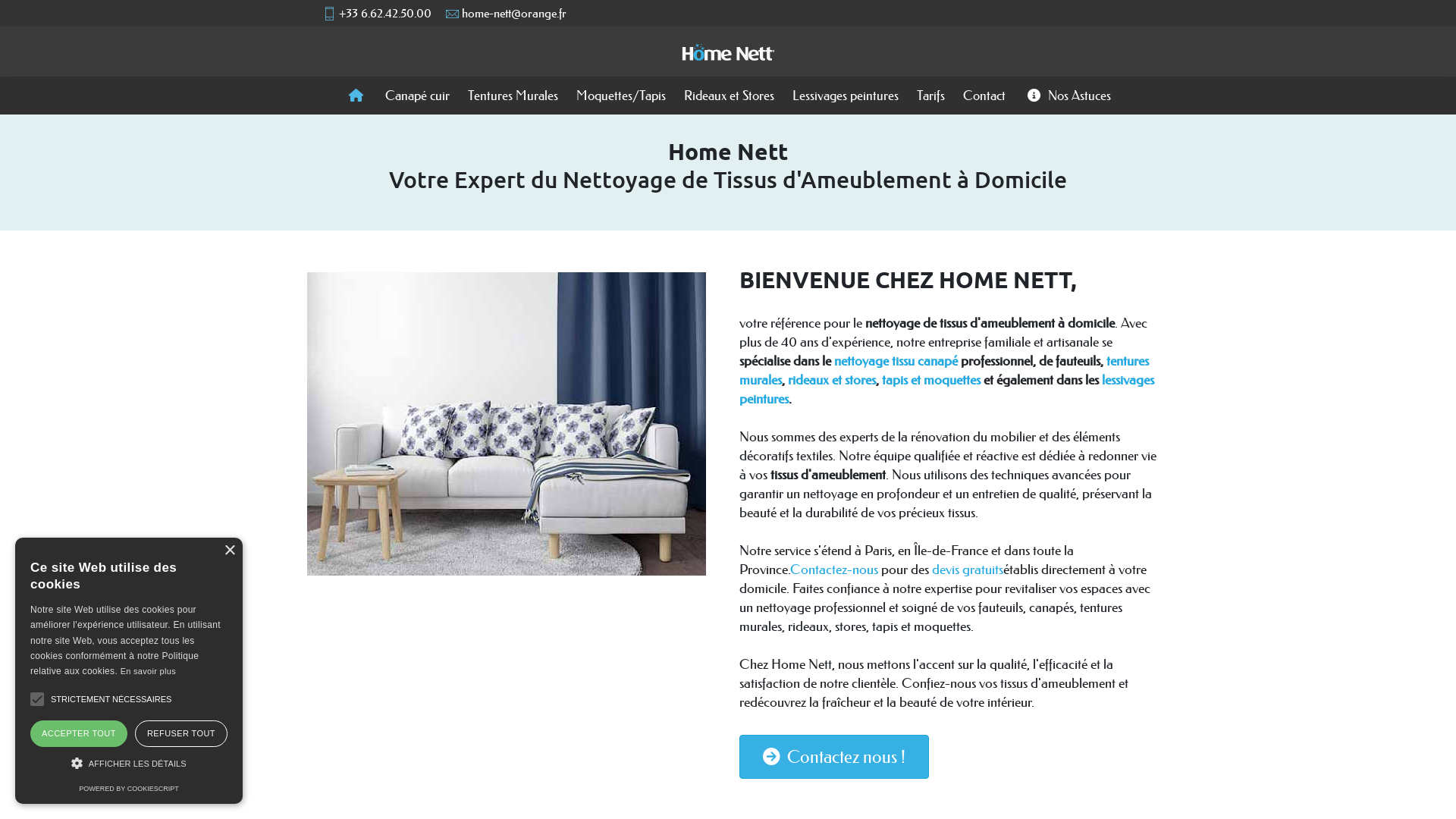 Capture d'écran de Home Nett, le spécialiste du nettoyage à domicile de tissus d'ameublement.