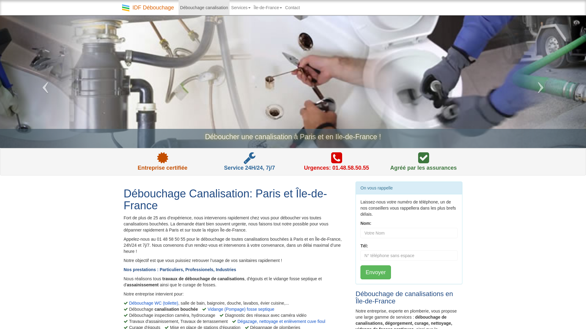 Capture d'écran de Débouchage canalisation Paris IDF: Dégorgement, curage 7j/24h