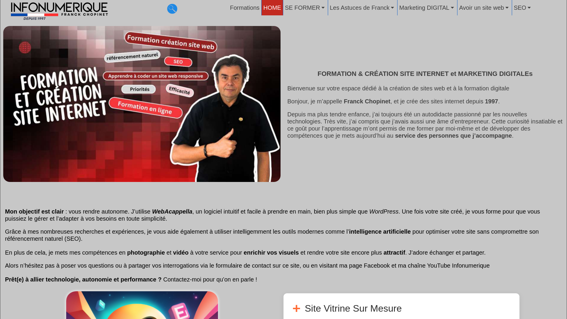 Capture d'écran de Franck Chopinet infonumerique : photographe, vidéaste, auteur et formateur en informatique et création de site internet formation au multimédia. formation video & montage vidéo virtuel. Form