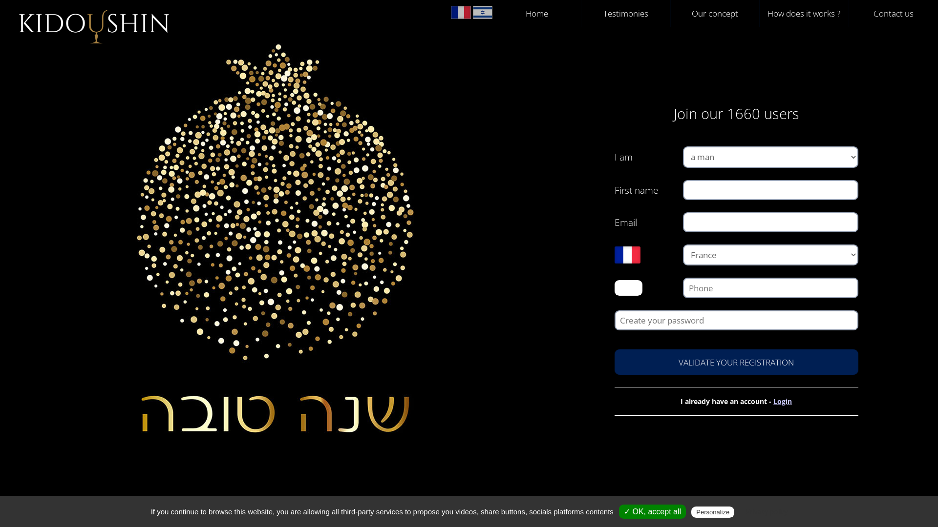Capture d'écran de Kidushin : Le 1er site de chidouh en ligne
Trouvez votre chidouh sur mesure
trouver son mazal 
La 1ère plateforme internationale francophone de chidouch en ligne 
