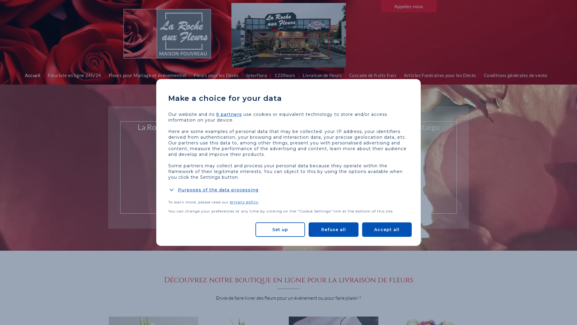 Capture d'écran de Artisan-Fleuriste la Roche aux Fleurs membre Agrée INTERFLORA Maison Pouvreau situé à Montaigu-Vendée. Une équipe à votre service 7j/7 pour toutes vos occasions d'offrir des Fleurs.