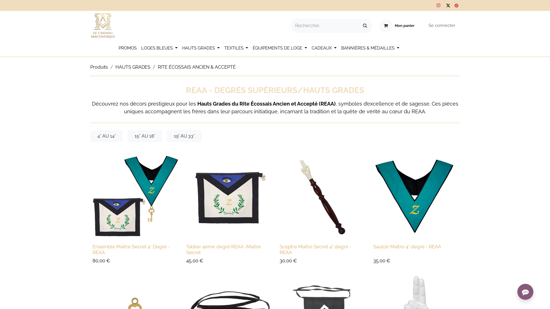 Capture d'écran de Produits REAA Hauts Grades – Accessoires pour Rituels Maçonniques
