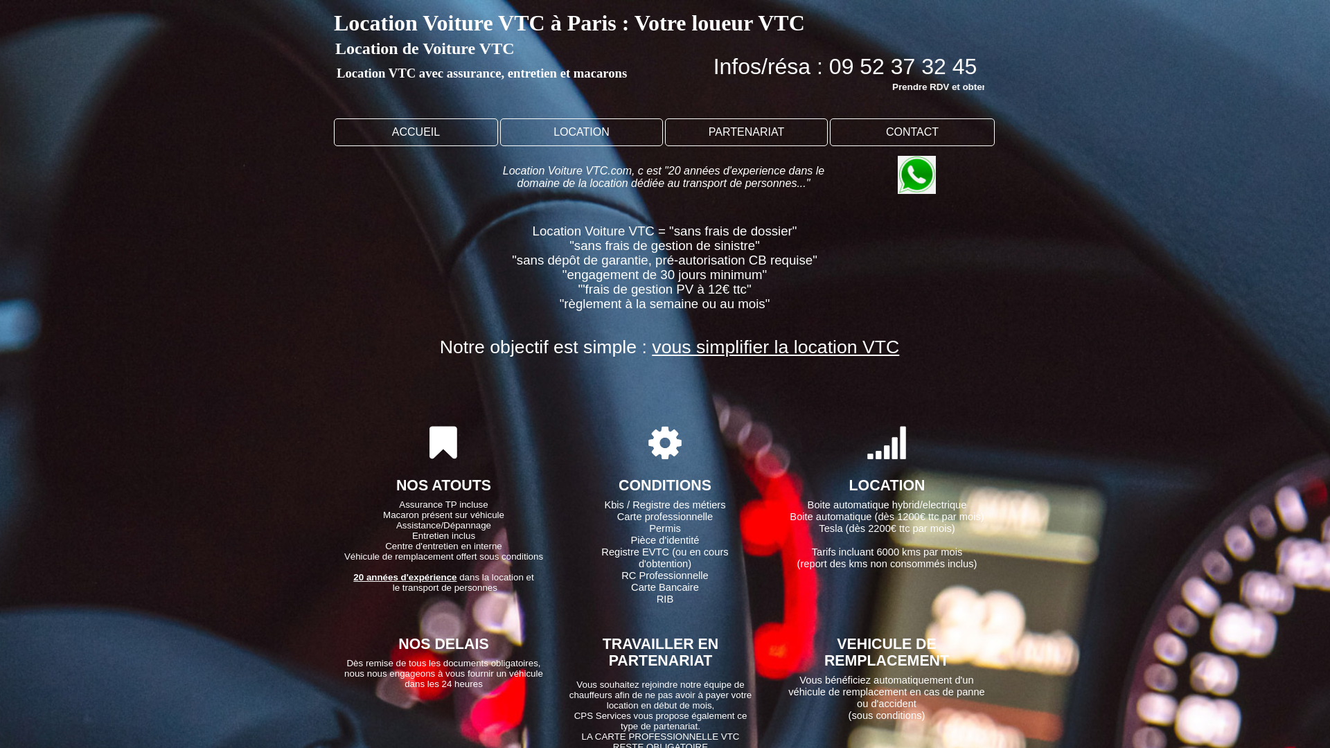 Capture d'écran de Location de voiture VTC sur Paris 15e pour les chauffeurs VTC. Formule tout inclus à partir de 40€ par jour avec macarons. CPS Services
