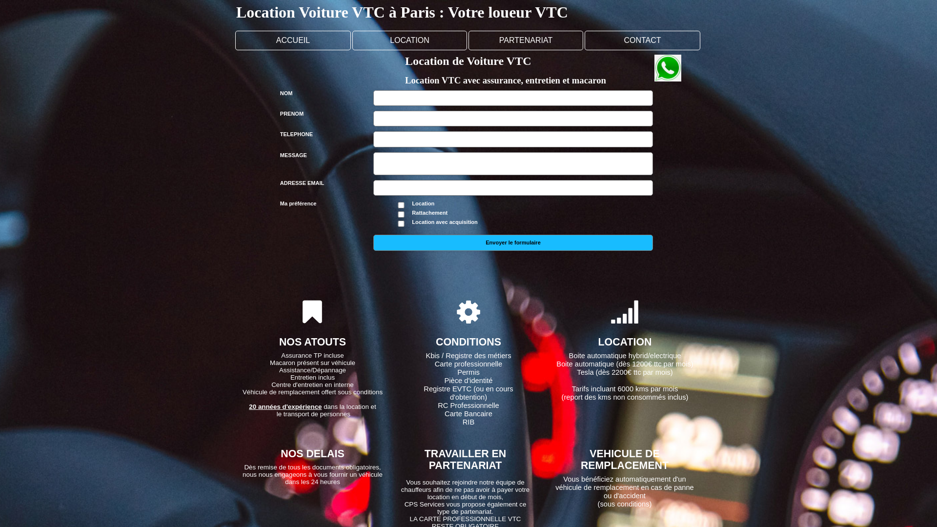 Capture d'écran de Location de voiture VTC sur Paris 15e pour les chauffeurs VTC à partir de 40€ par jour, contrats mensuels. Formule tout inclus. CPS Services