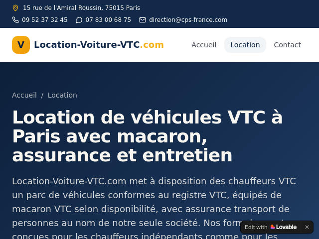 Location de voiture VTC pour chauffeur VTC &agrave; Paris 15e. D&egrave;s 40&euro; par jour avec macarons.  CPS Services
