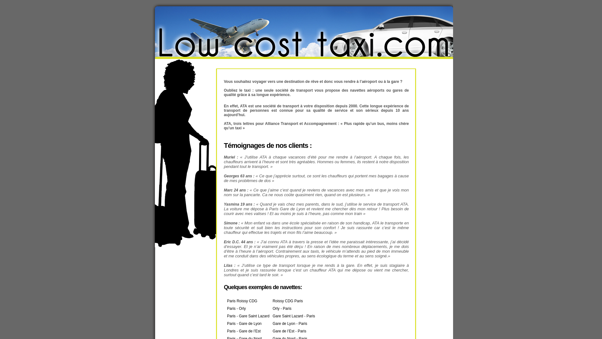 Capture d'écran de Low-cost-taxi.com vous aide à trouver un taxi low cost à Paris et sa région pour vous rendre à l’aéroport de Roissy Charles de Gaulle, à Orly, Beauvais et les grandes gares SNCF TGV