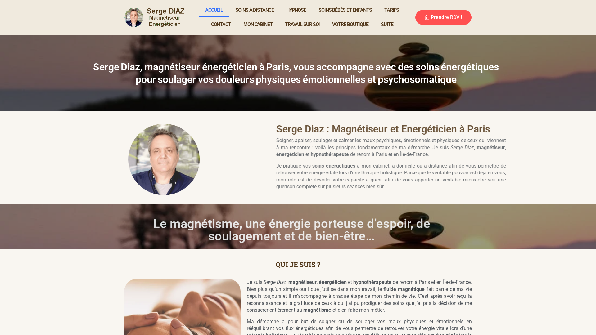 Capture d'écran de Magnétiseur Paris - Soins à distance - serge diaz- Hypnose/Rééquilibrage énergétique - Hypnothérapeute/Energéticien - Consultation en hypnose thérapeutique - Thérapies holistiques/quantique
