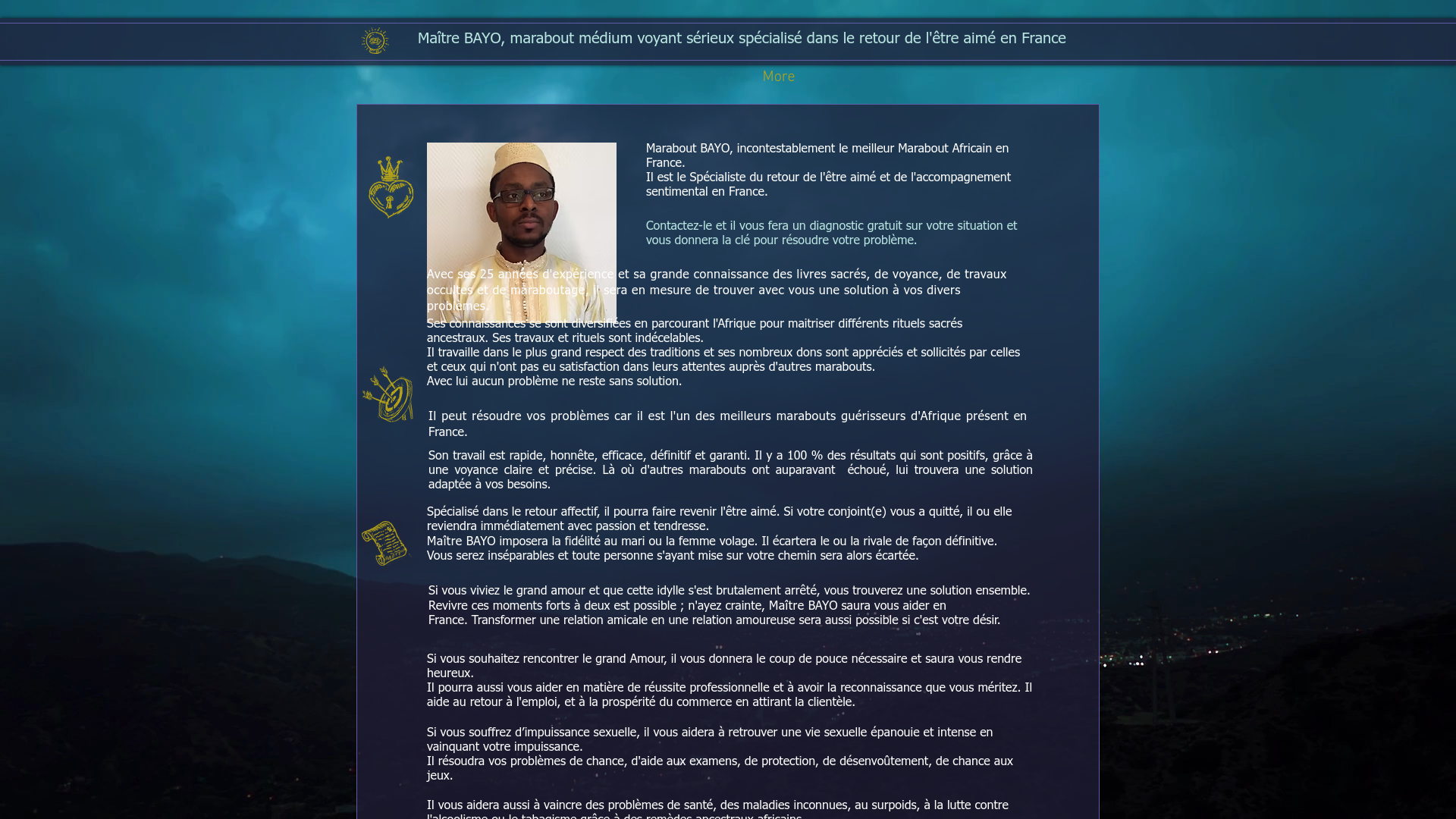 Capture d'écran de Maître BAYO, marabout médium voyant sérieux spécialisé dans le retour de l'être aimé en France