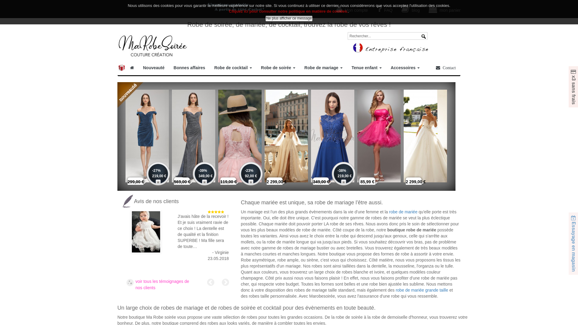 Capture d'écran de Marobesoiree.fr, boutique de robe de soirée, robe de cérémonie et robe de mariée