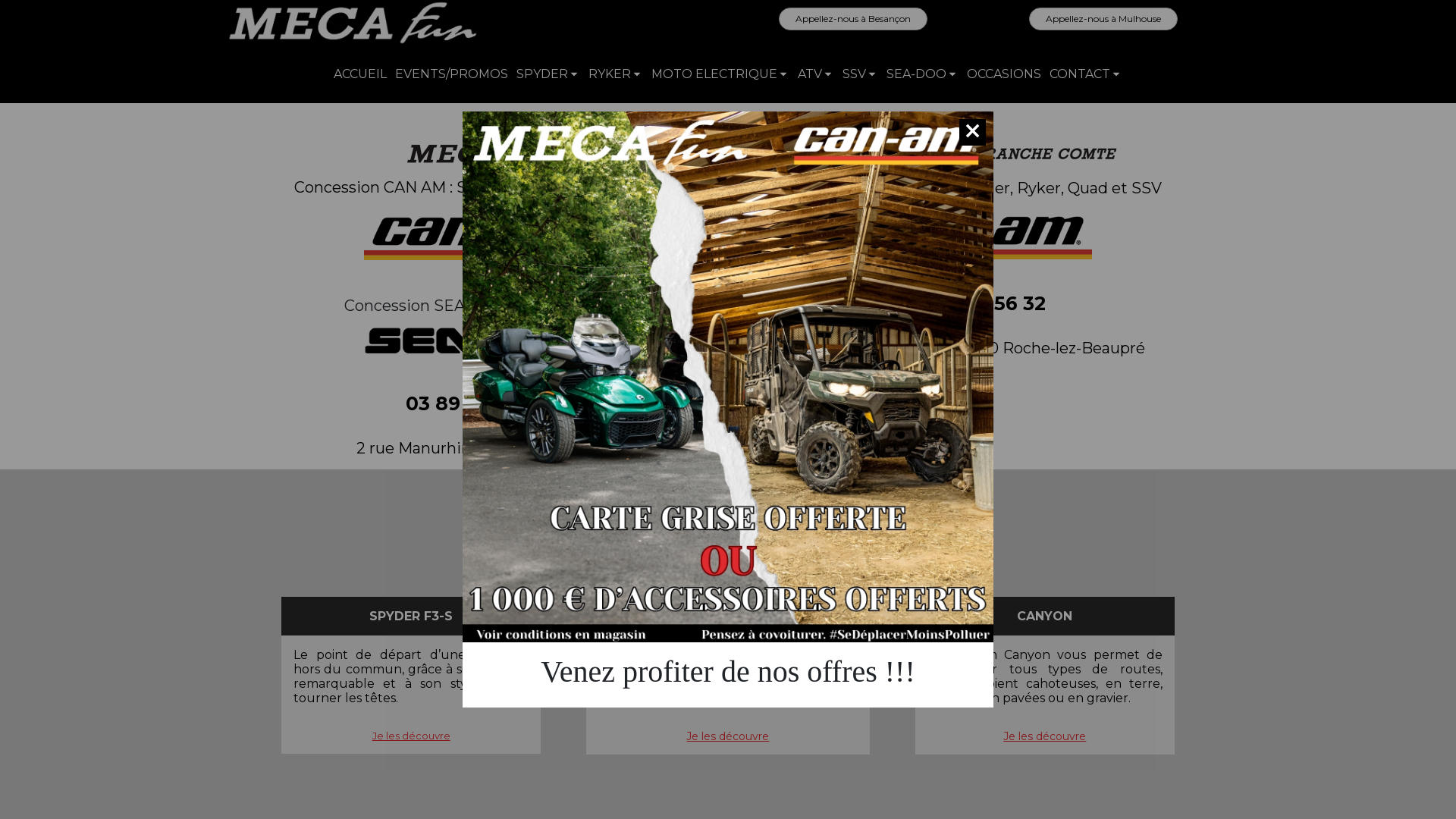 Capture d'écran de Meca Fun concessionnaire: quad, SSV, Spyder, Ryker, Jet-ski de marque (BRP) Can am et SEA-DOO Motomarine en Alsace (68) et Franche Comte (25)