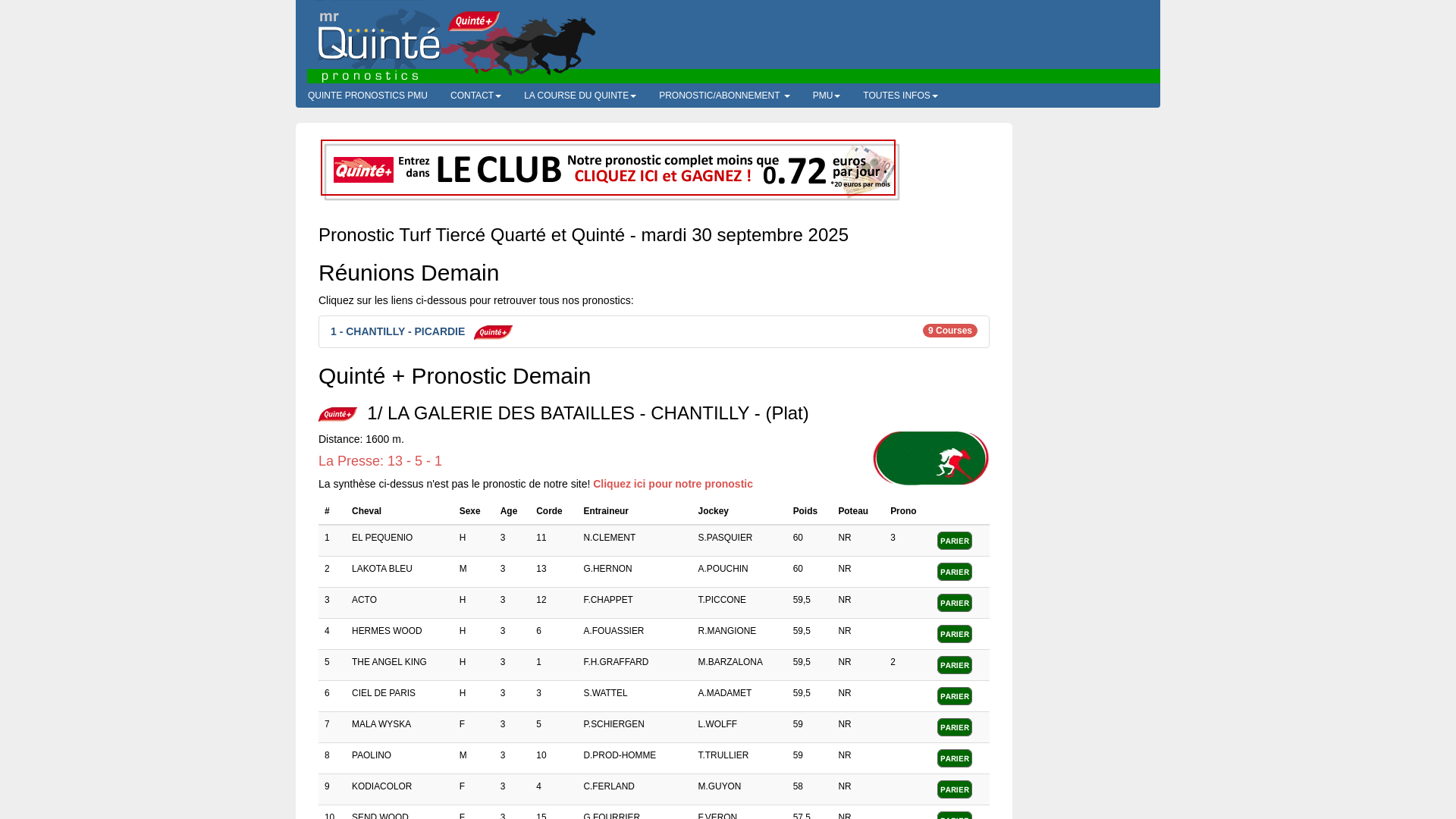 Capture d'écran de Avec Mr Quinté Pronostics, toutes les informations sur le Quinté + de demain.