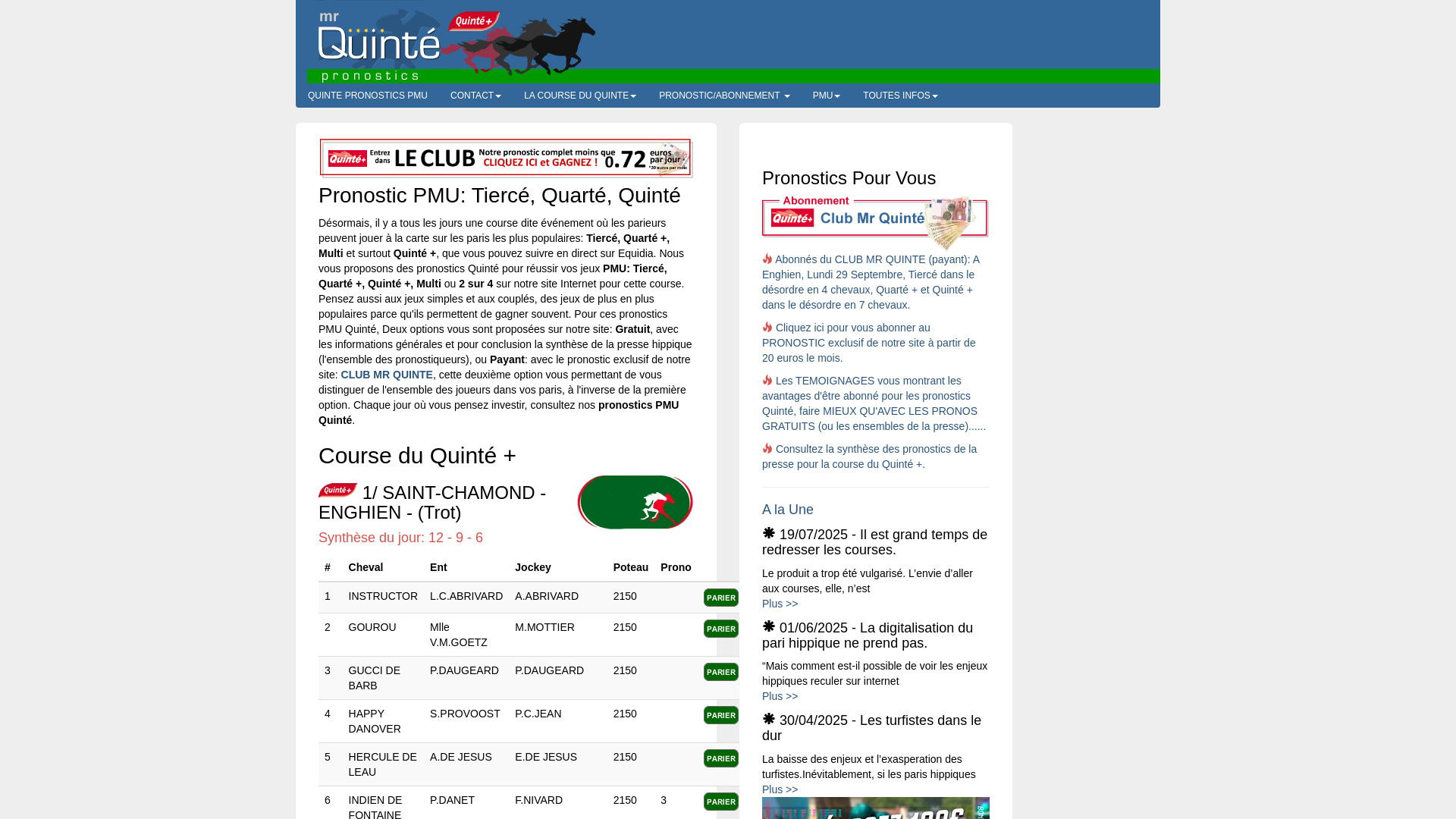 Capture d'écran de Mr Quinté Pronostics, expertise des courses pmu, particulièrement le Quinté +.