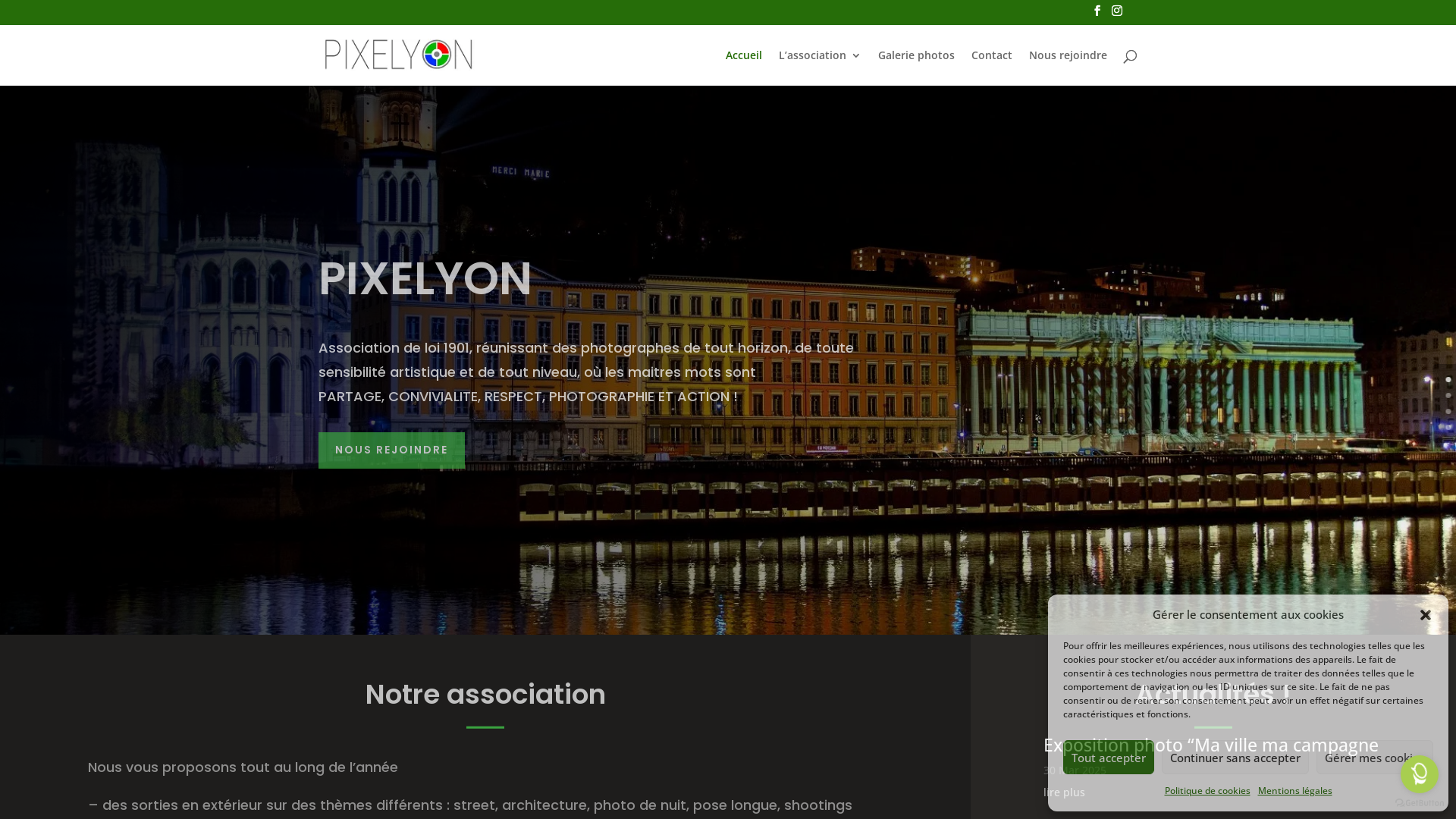 Capture d'écran de PixeLyon, association de loi 1901, PixeLyon un club photo regroupant des photographes passionnés et qui propose des sorties principalement sur Lyon et sa région, formations, expositions