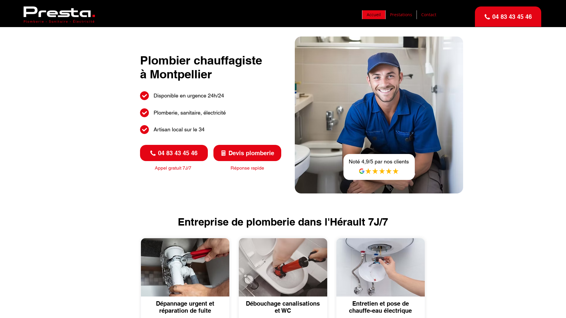 Capture d'écran de Presta services 34 est une société de dépannage Plomberie et d'électricité à Montpellier
