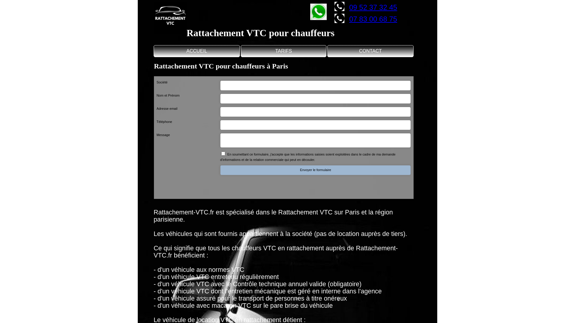 Capture d'écran de Rattachement-vtc.fr, spécialiste du rattachement et de la location pour les chauffeurs VTC sur Paris et sa région