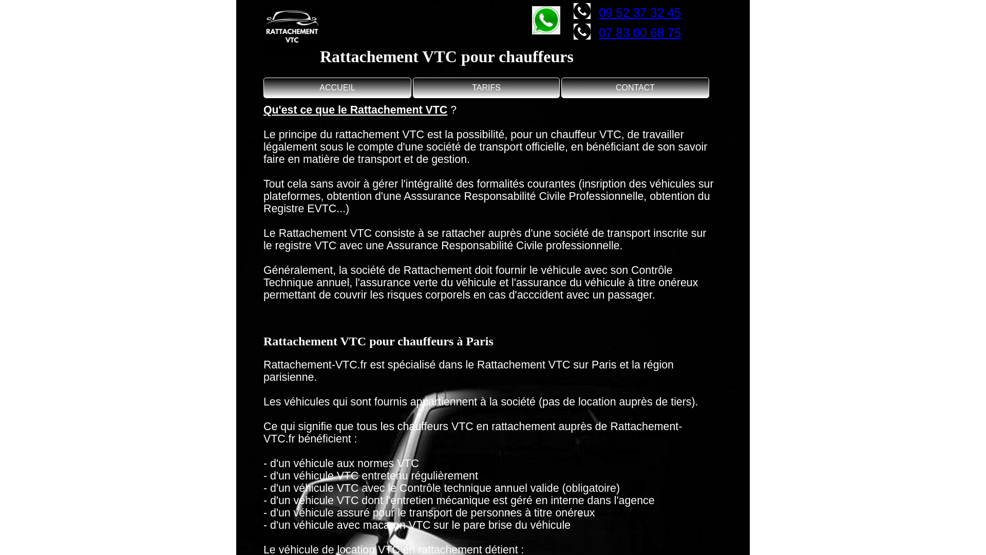 Capture d'écran de Rattachement-VTC.fr, spécialiste du rattachement pour les chauffeurs VTC sur Paris et sa région