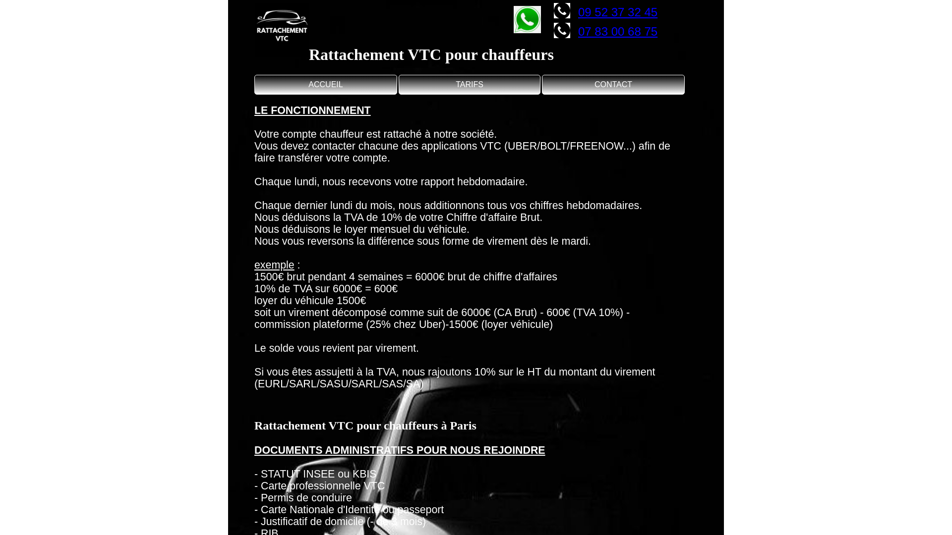Capture d'écran de Rattachement-vtc.fr, spécialiste du rattachement pour les chauffeurs vtc sur Paris et sa région.