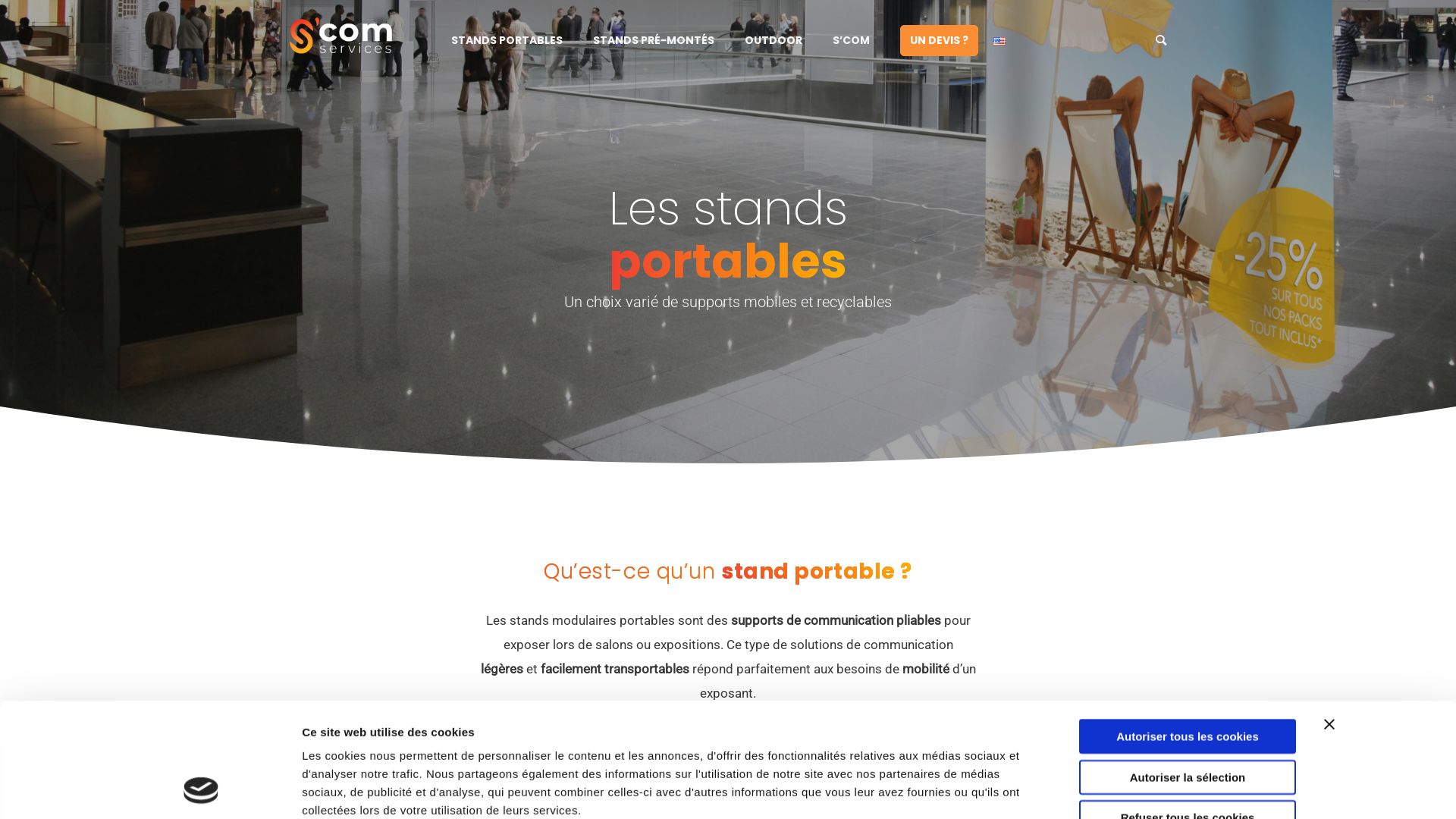 Capture d'écran de Scom - Stand d'exposition pliable et portable pour des utilisations indoor et ourdoor lors d'événements professionnels.
Spécialiste du stand photocall, background et stand modulable à Paris.