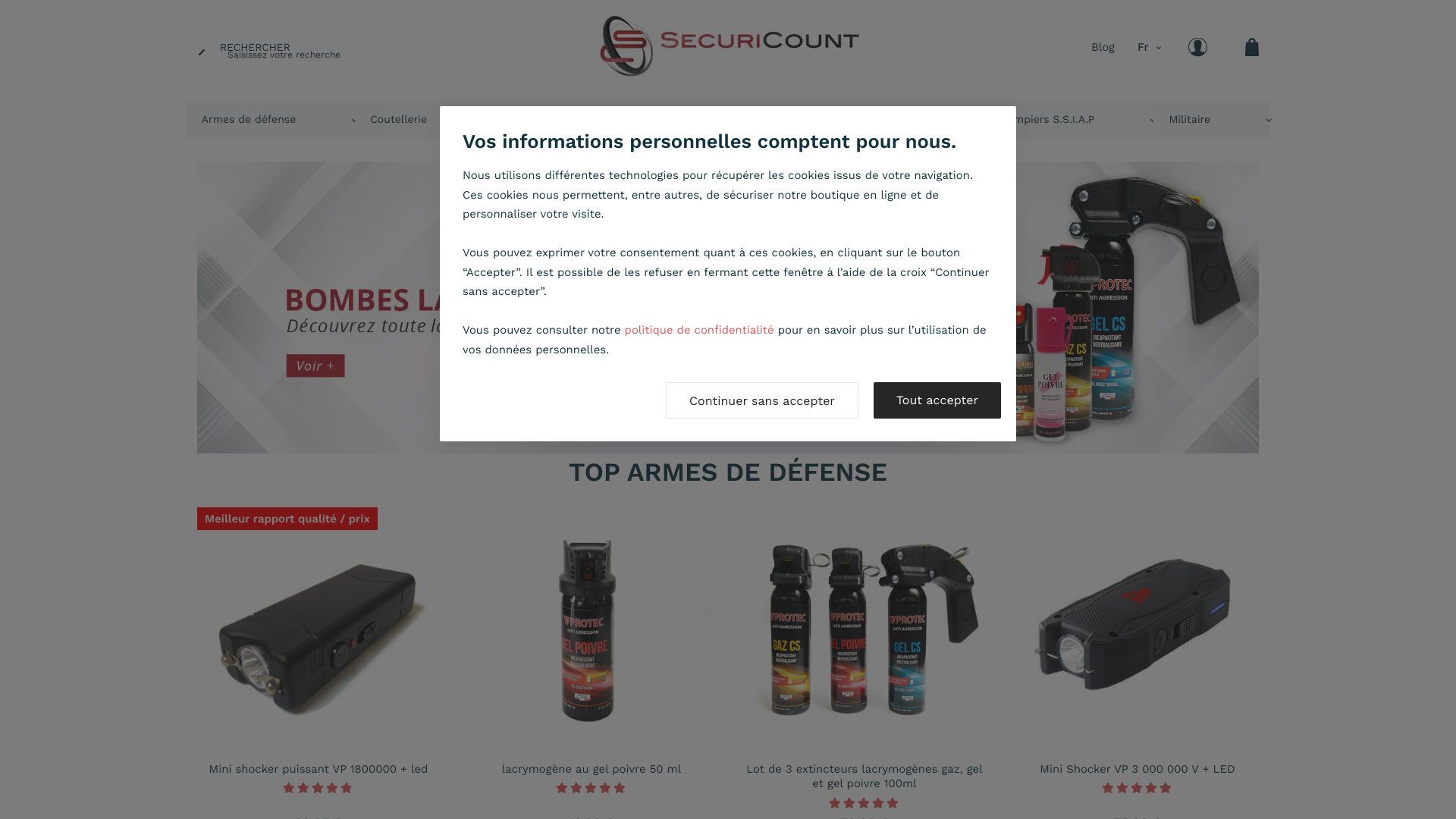 Capture d'écran de Vente en ligne de matériels destinés à la protection.Nous proposons des armes de défense et équipements de sécurité