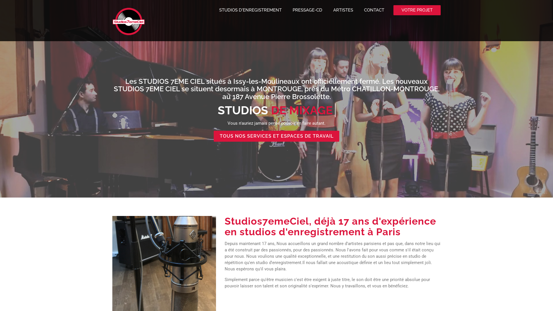 Capture d'écran de Studios 7eme Ciel, Studio de répétitions à Paris et Région parisienne, vous accueille dans 5 somptueux Studios dédiés à l'enregistrement et à la répétition dans un cadre unique à Paris