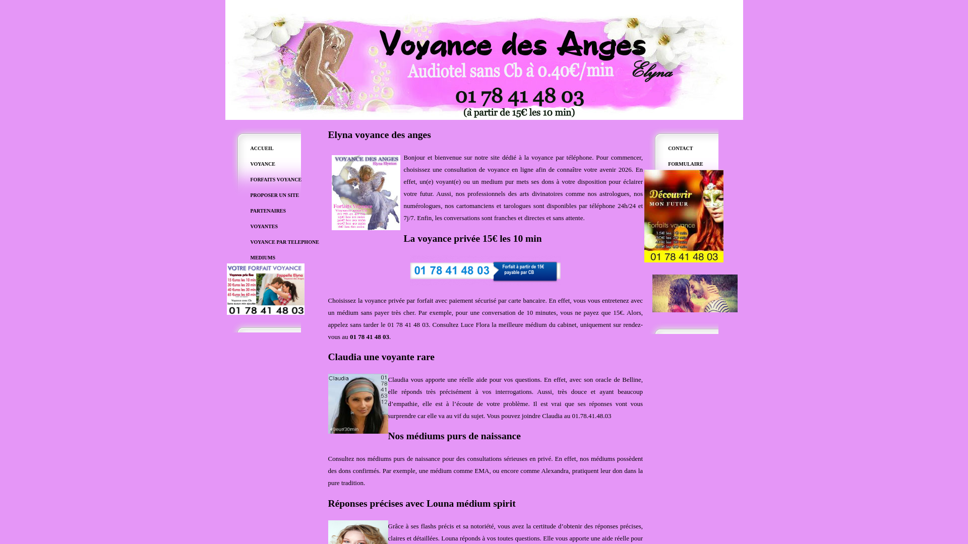 Capture d'écran de Voyance Elyna, médiums, voyants sérieux par téléphone au 08 92 23 95 49 à 0.40€/min