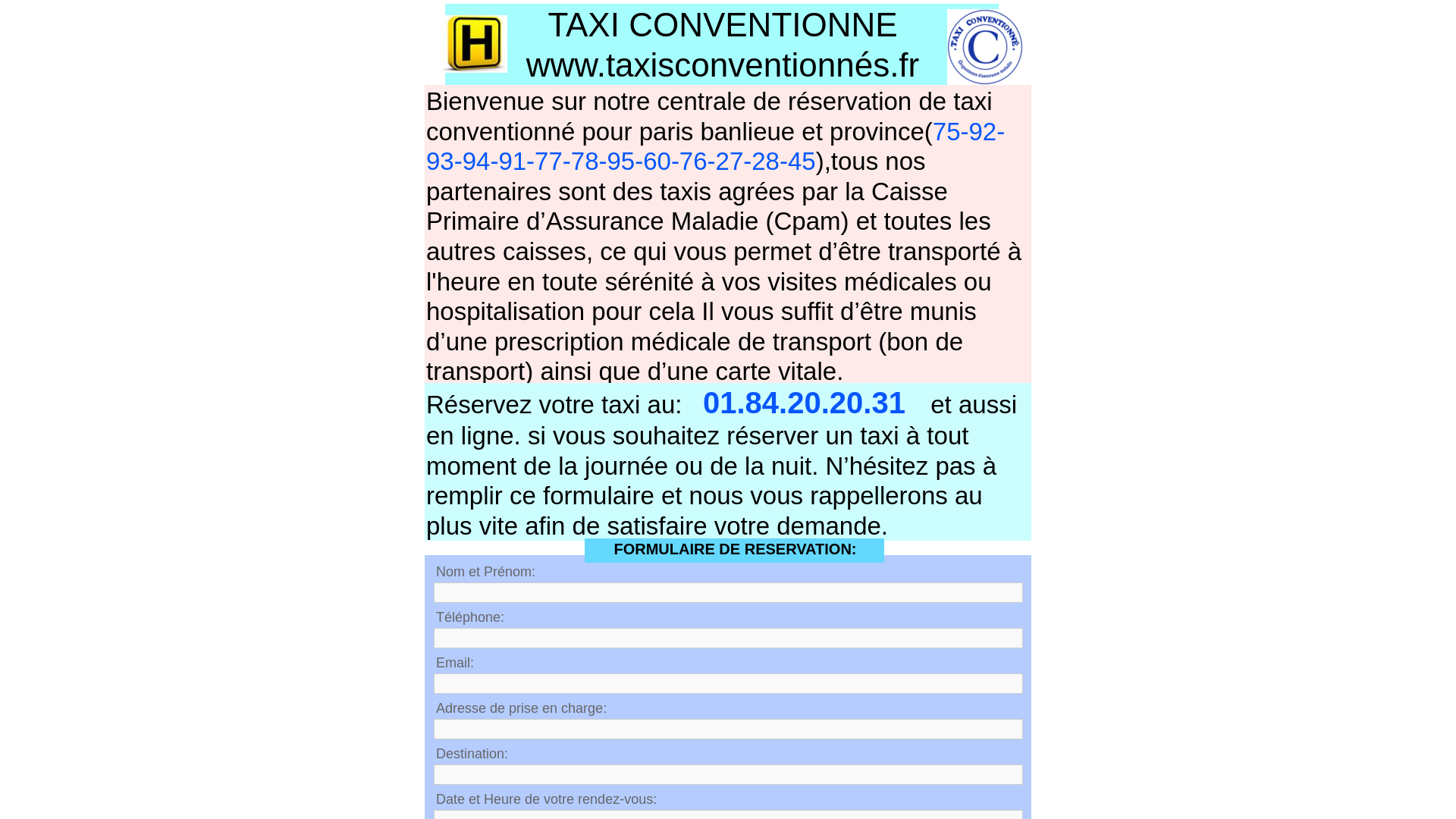 Capture d'écran de Taxi conventionné paris et toute l'Ile-de-France, avec le tiers payant aucun avance de frais prise en charge à 100/100