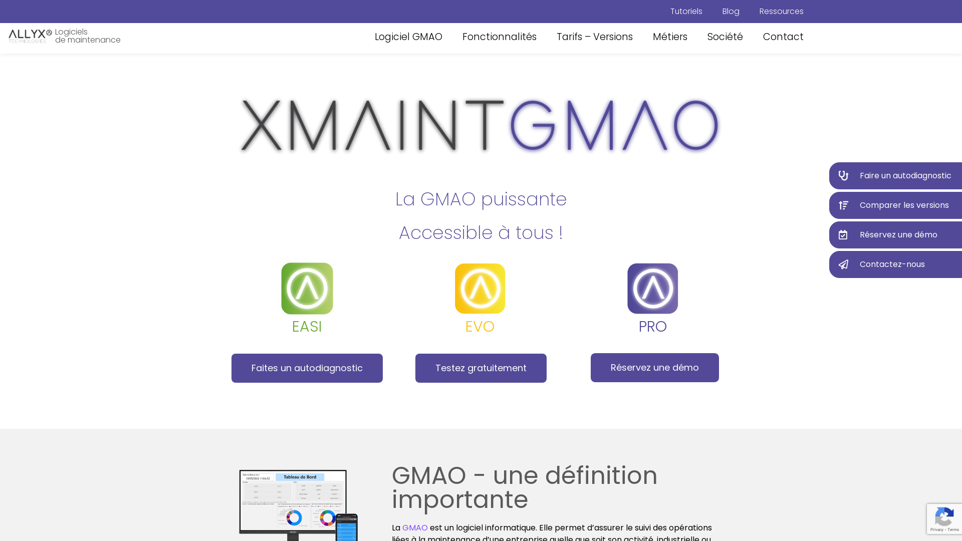 Capture d'écran de Allyx Technologies, éditeur du Logiciel de GMAO XMAINTGMAO, propose des solutions adaptées à vos besoins, Idéales pour TPE et PME de l’industrie et du tertiaire.